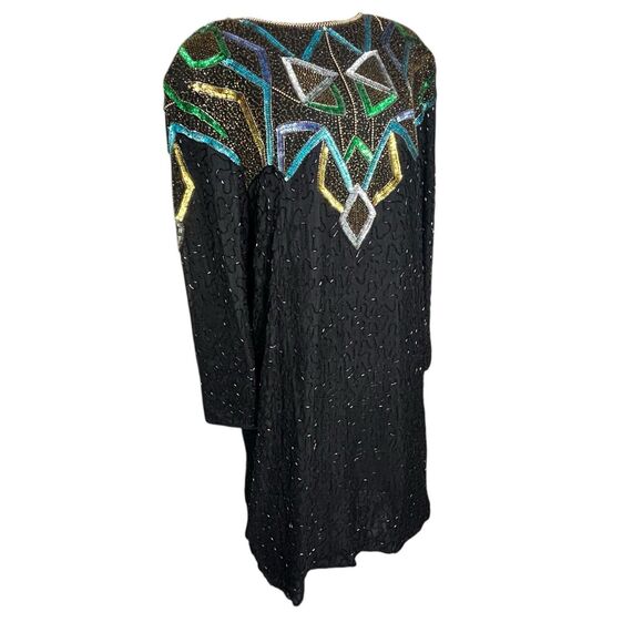 VTG Womens 80s Scala Silk Beaded Sequin Dress Black Gold Green Party Cocktail 3x - Picture 1 of 9